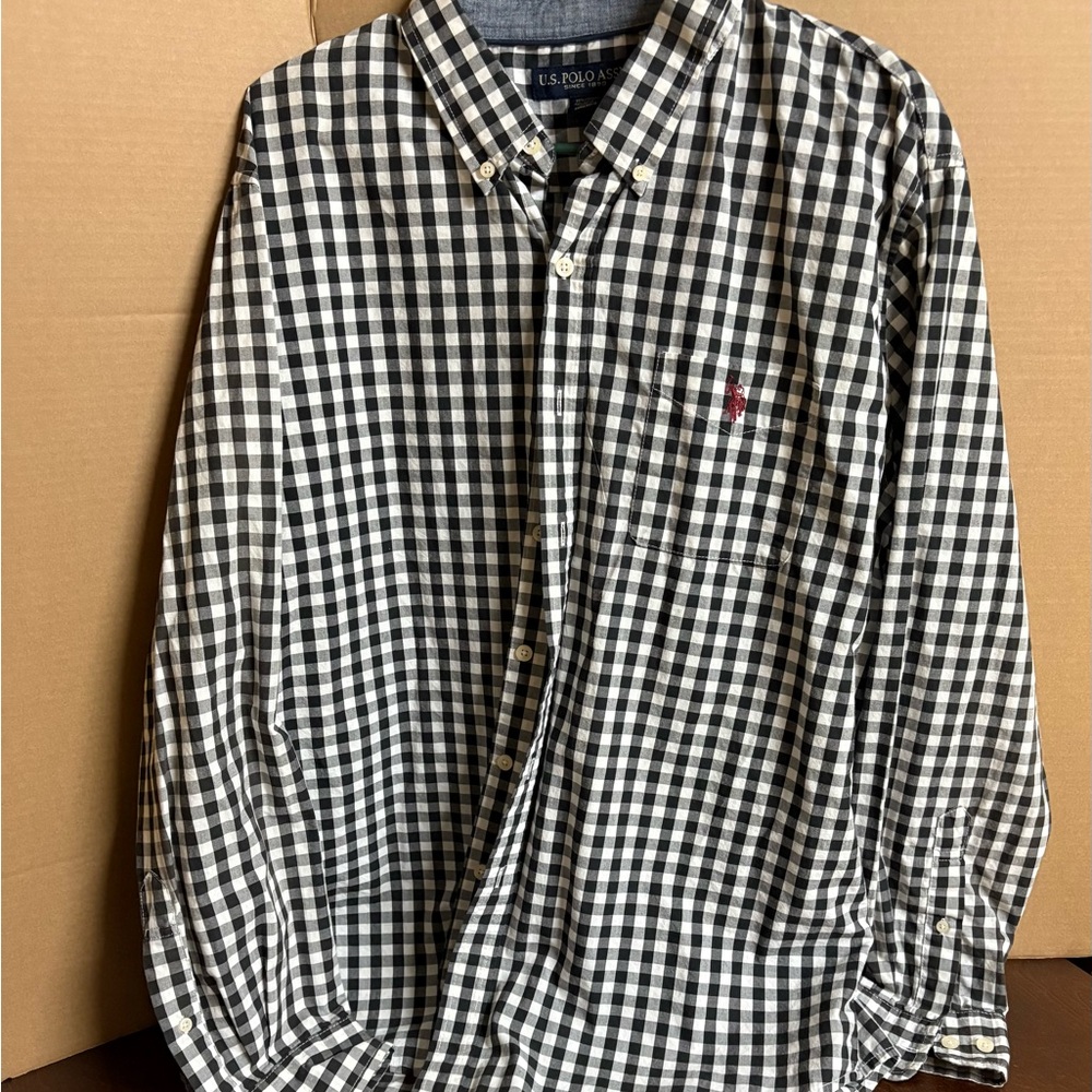 NEW Men’s U.S. Polo Assn. Black and White Casual Button Down Shirt Sz XL